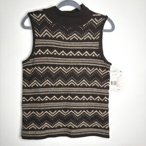 Vintage Deadstock Liz Claiborne Fair Isle Knit Sweater Vest Wool Brown Sz M New
